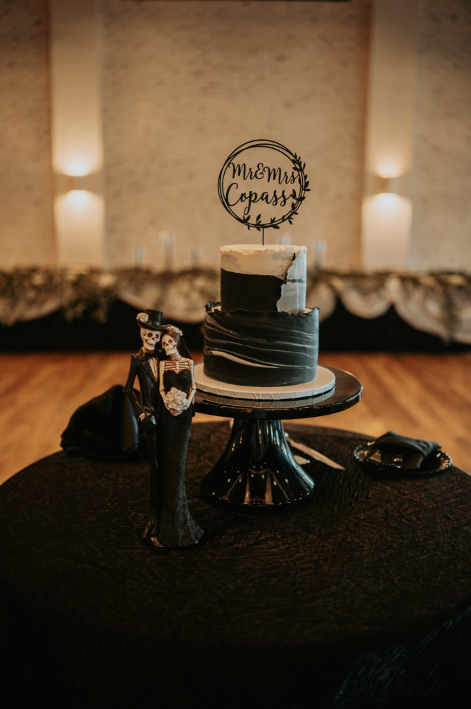 Moody Autumn Wedding til death cake topper