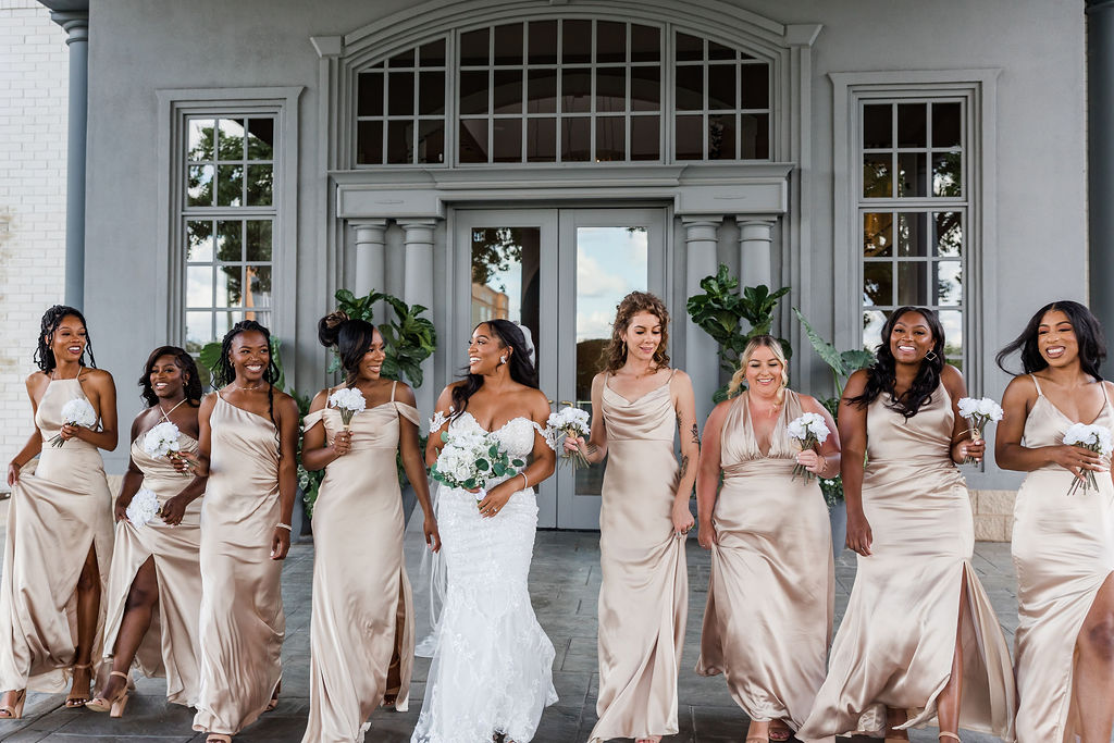 Bridesmaids at the Ritz Charles in Carmel, Indiana wearing champagne dresses