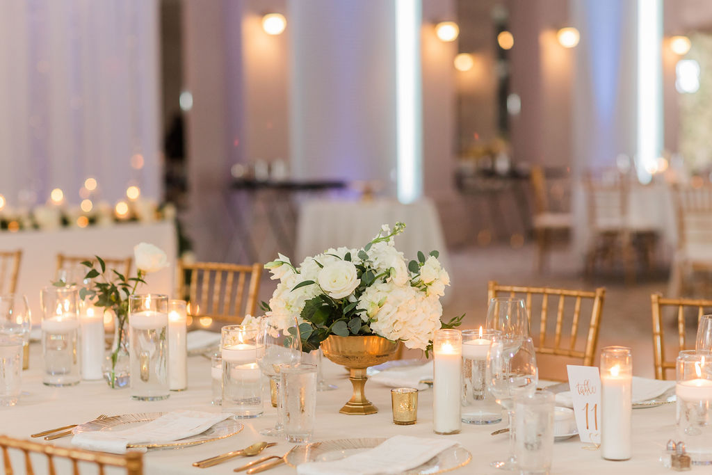 Gold and white themed ballroom wedding at Ritz Charles