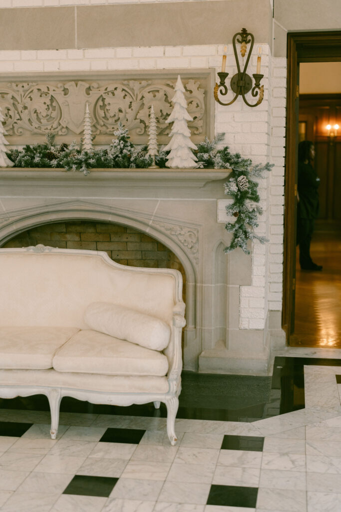 Christmas wedding at Laurel Hall fireplace