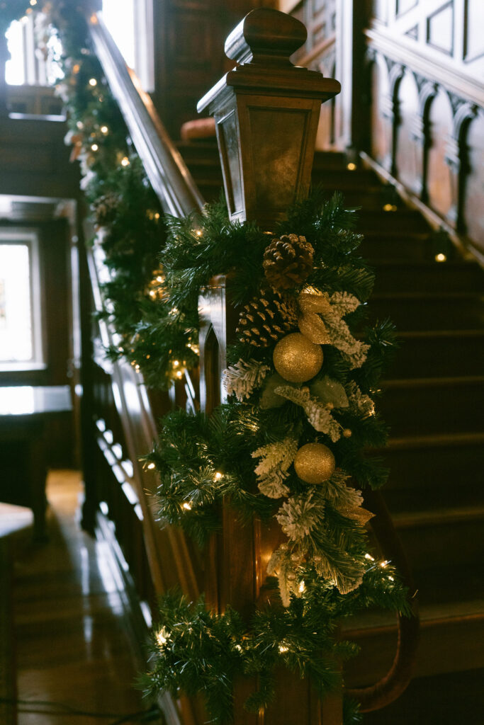 Christmas wedding at Laurel Hall stairs