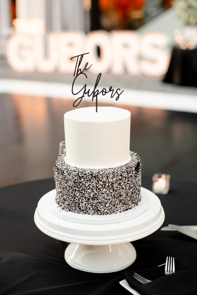 black and white sprinkle cake at the wedding at the Indianapolis public library