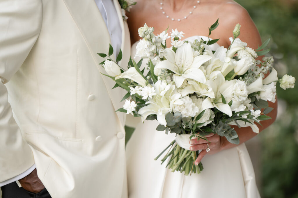 white bridal bouquet with no roses, lilies