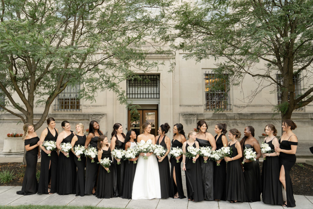 wedding at the Indianapolis public library bridesmaids in the courtyard
