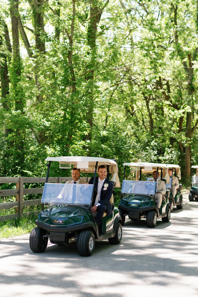 Holliday Farms wedding with groomsmen riding golf carts