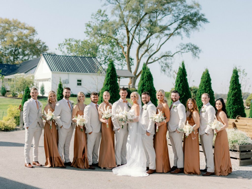 white willow farms fall wedding party in copper and beige and ivory colors