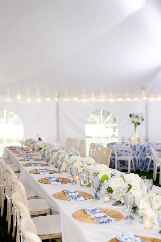 Blue nantucket lakeside wedding theme with hydrangeas