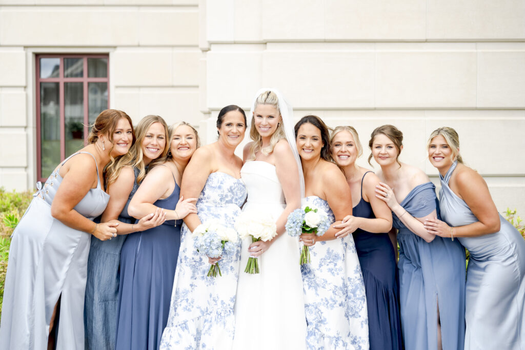 Blue and white bridesmaid dresses