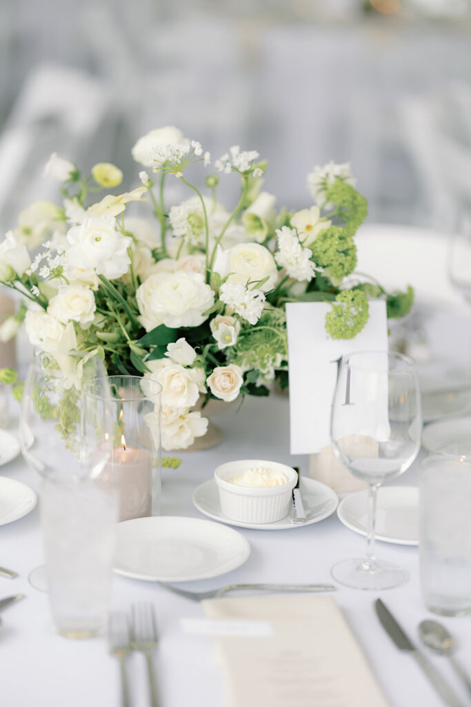 white and bright lime green wedding floral centerpiece at Ritz Charles Garden Pavilion in Carmel, Indiana