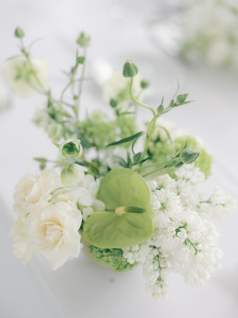white and lime green wedding flowers at Ritz Charles Garden Pavilion 