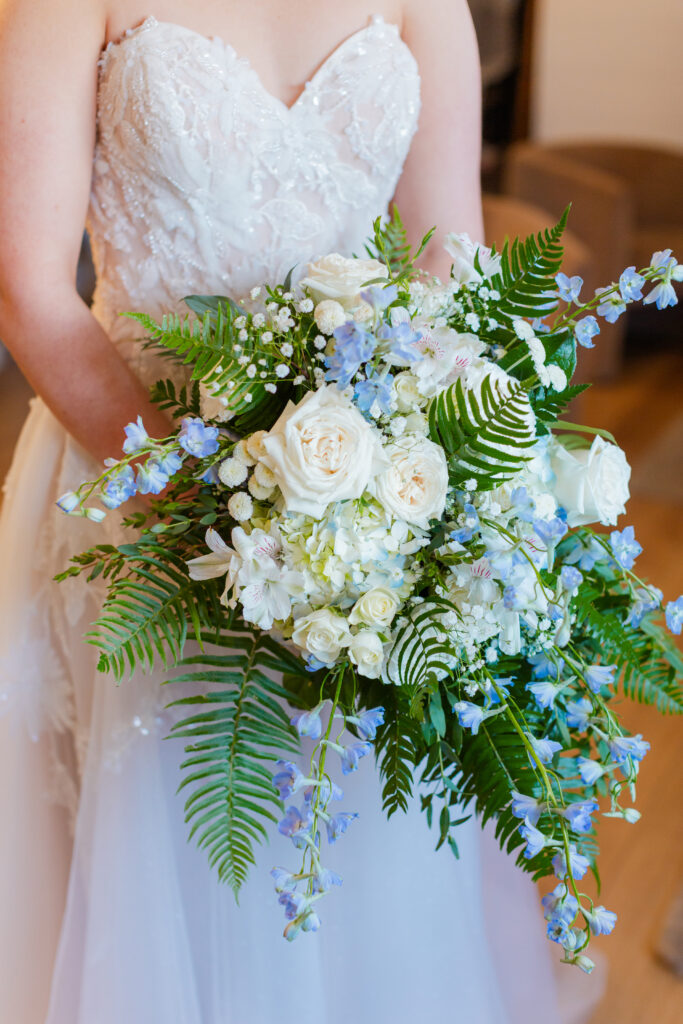 Wedding at White Willow Farms  blue bouquet with ferns